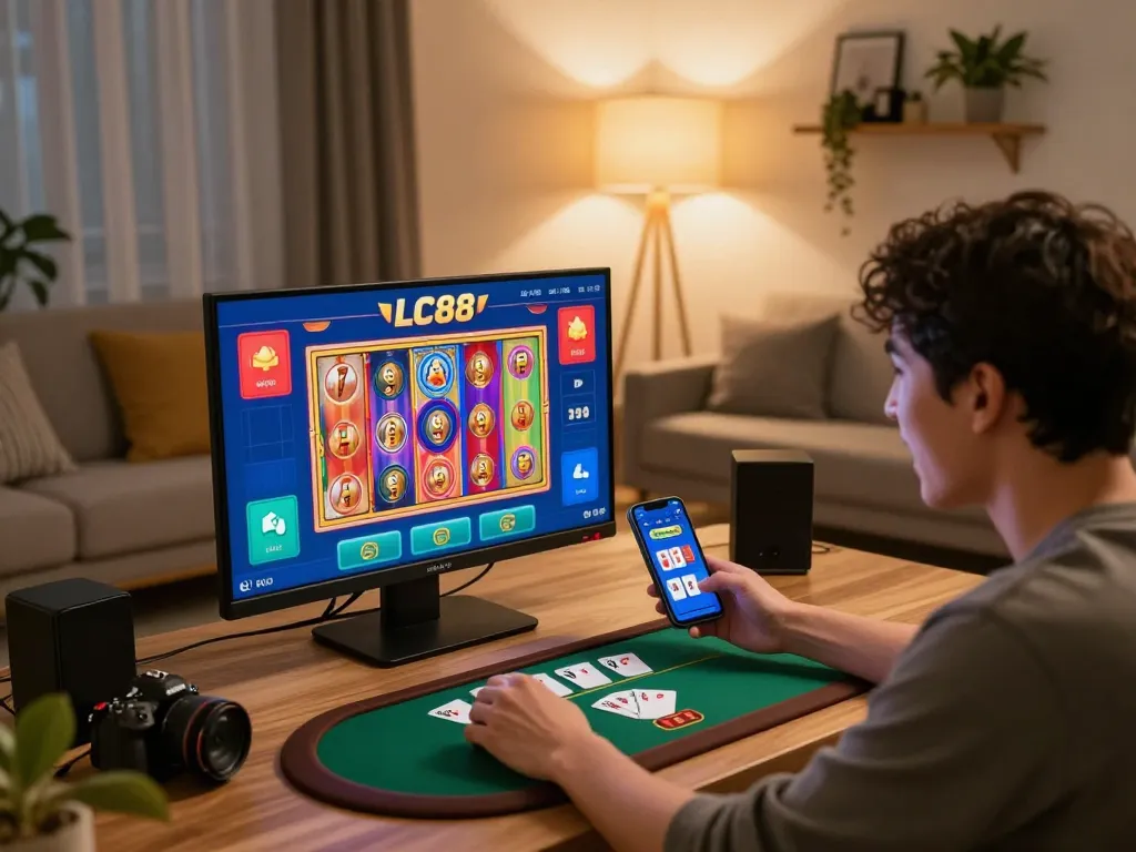 LC88 player engaged in exciting online betting on mobile app in cozy home setting.