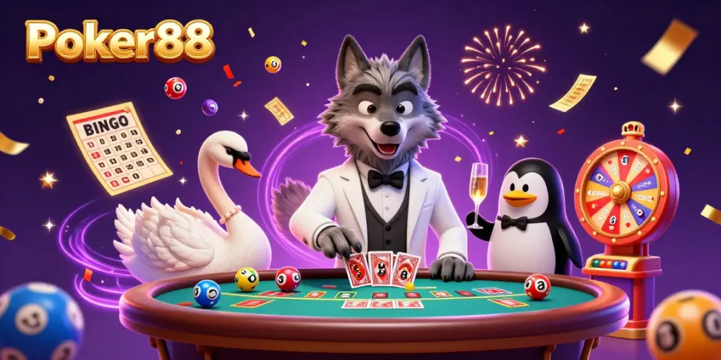 Experience excitement at Poker88 with a thrilling 3D scene featuring a debonair wolf, elegant swan, and sophisticated penguin in a vibrant casino atmosphere.