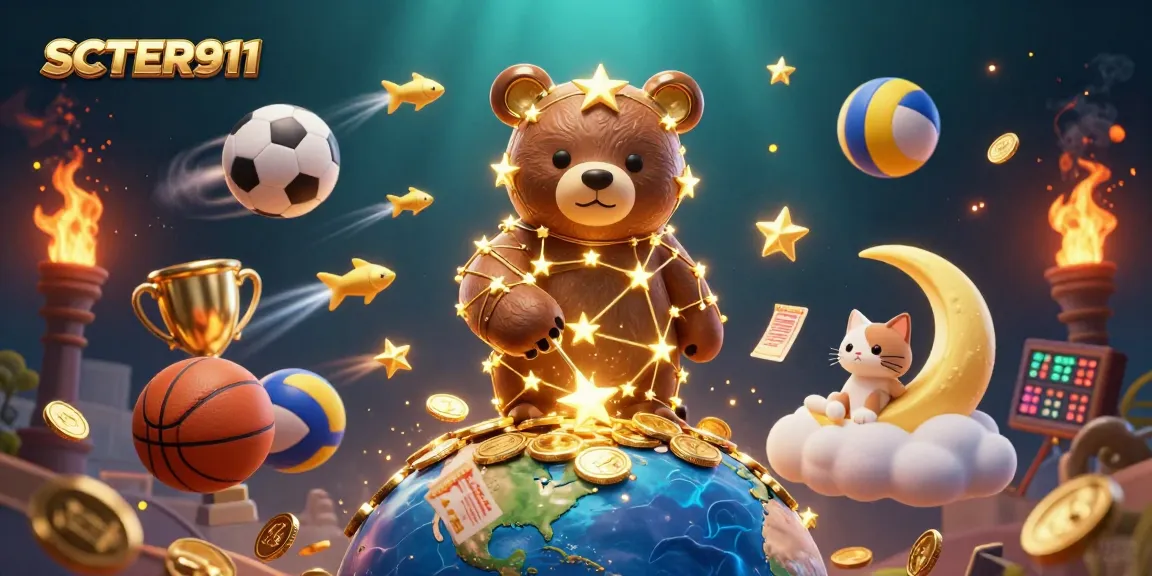 Engage with SCATTER911 in a vibrant 3D scene filled with sports balls, trophies, and coins, capturing the essence of thrilling betting.
