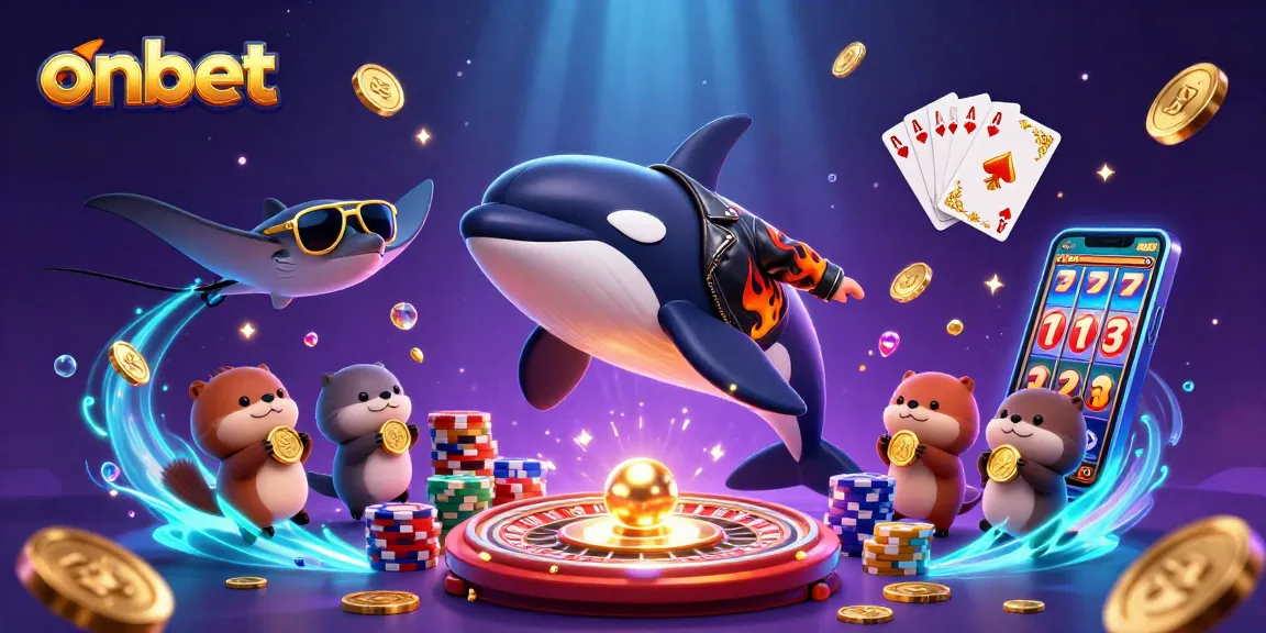 Join the excitement at onbet with vibrant 3D illustration featuring an orca and sea creatures in a lively casino scene.