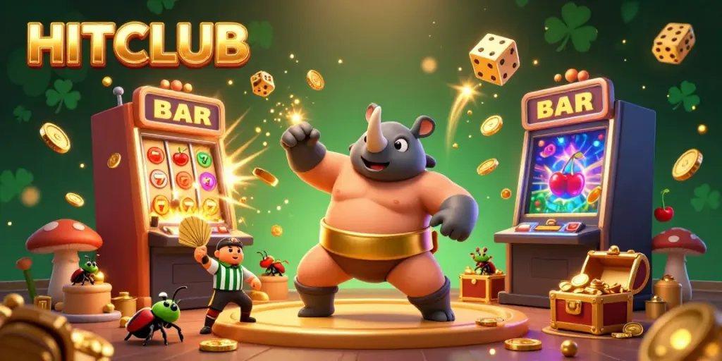 Experience HITCLUB's vibrant casino scene with a rhinoceros beetle champion and colorful slot machines.