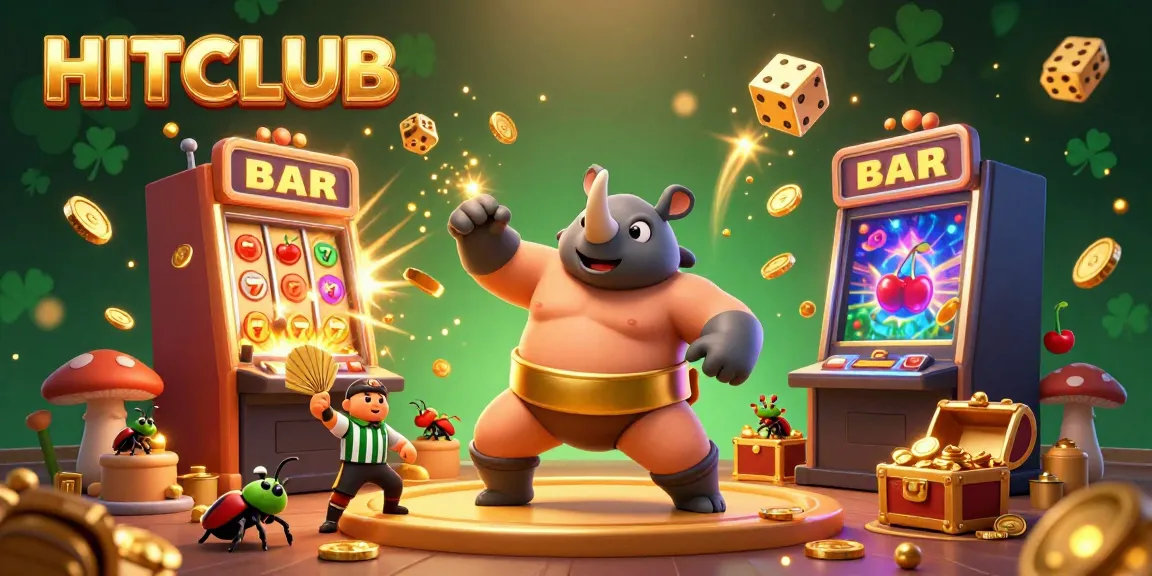 Experience HITCLUB's vibrant casino scene with a rhinoceros beetle champion and colorful slot machines.