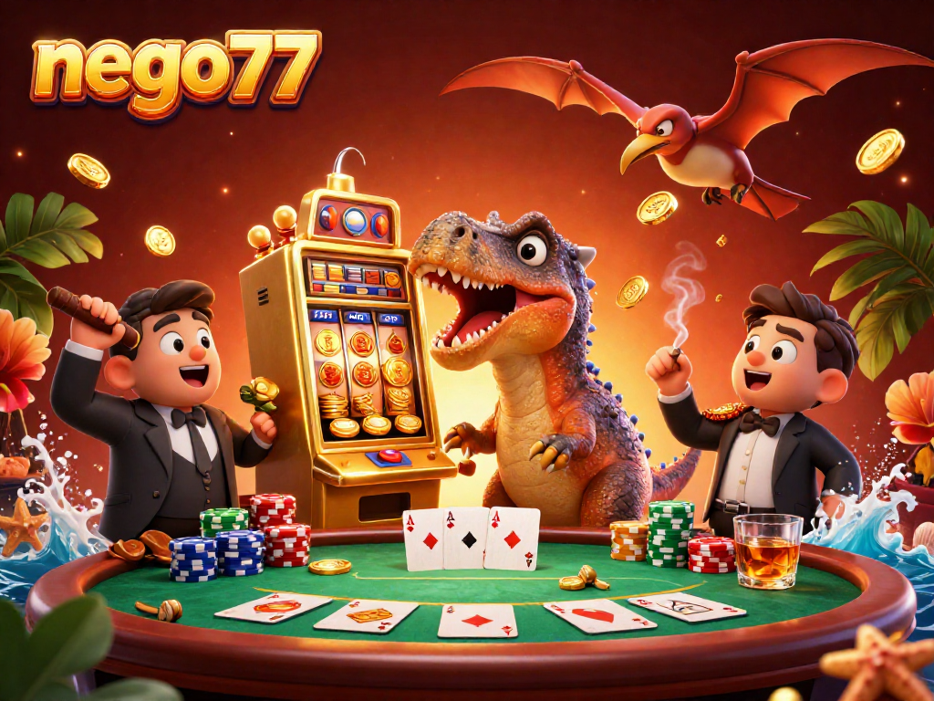 Experience the excitement of nego77 with a cartoon dinosaur hitting a slot machine for jackpots.