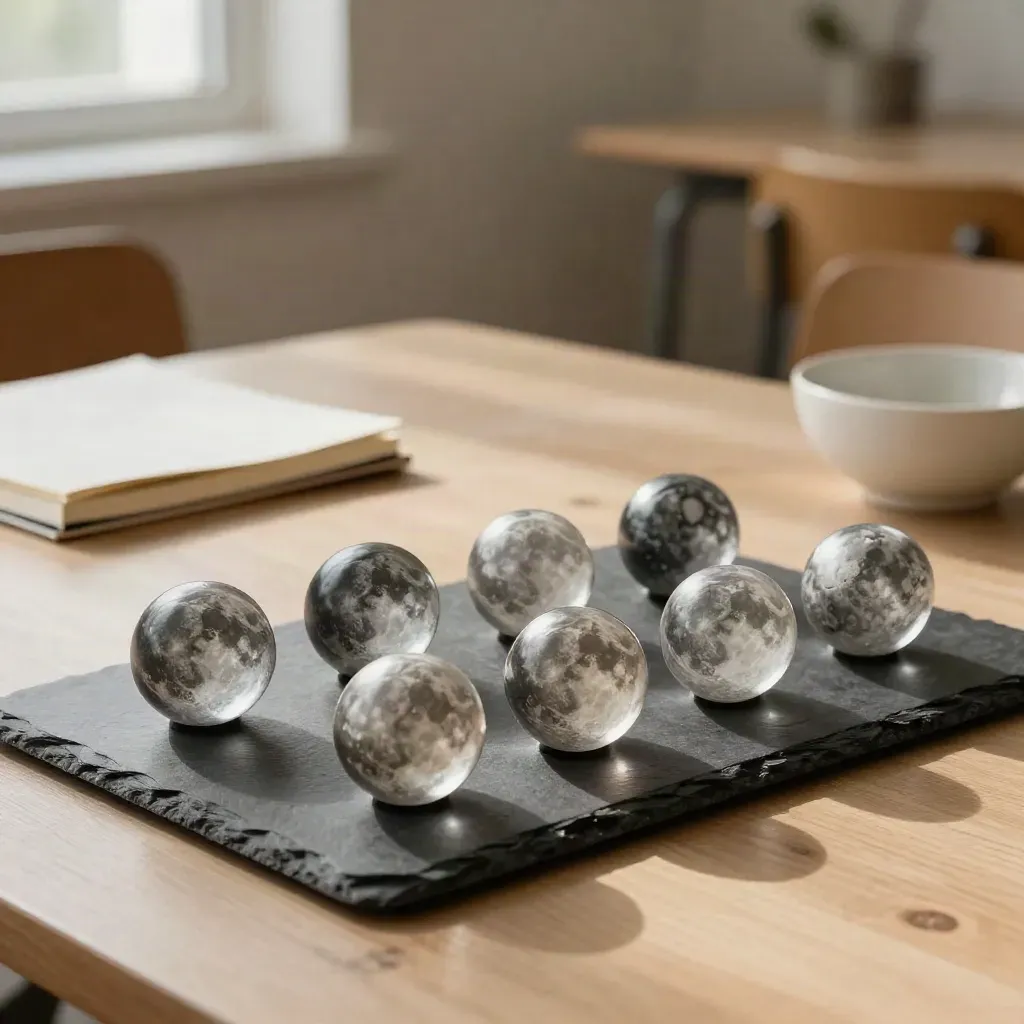 Moon phase spheres on a slate tray beside a folded notebook and bowl in a warm classroom