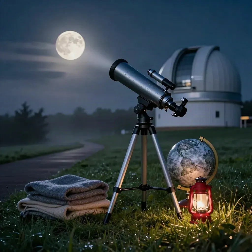 Telescope, moon globe, blankets and lantern on a misty observatory lawn under the rising Moon.