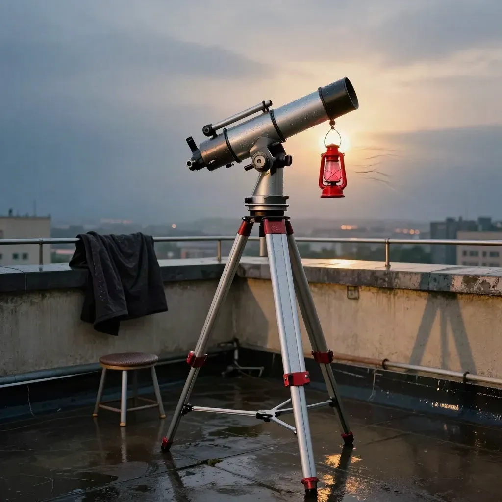 Rainy rooftop telescope aligned at dawn with lantern, blanket, stool, and city glow