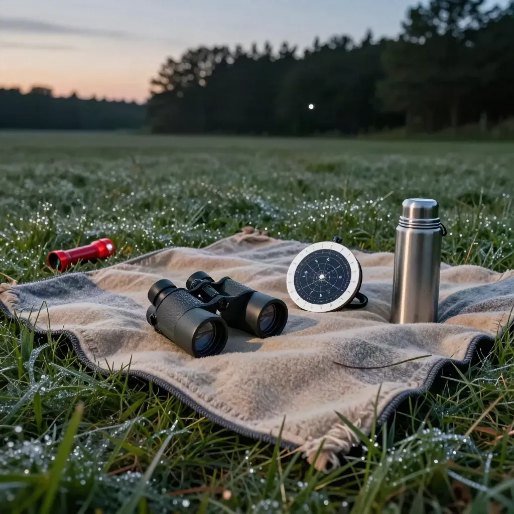 Stargazing kit on grass at dusk with binoculars, thermos, blanket, and flashlight beneath first stars
