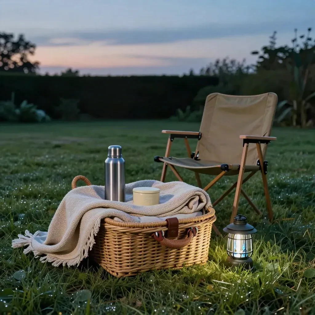 Dusk lawn basket with blanket, kid chair, thermos, snack tin and lantern under open evening sky.