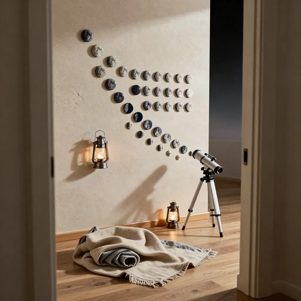 High-angle room scene with moon phase magnets, lanterns, a blanket and telescope