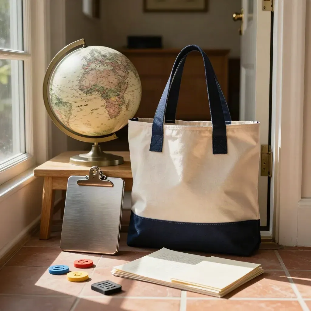 Moon Center teacher pack by a doorway with a moon globe, lesson sheets, cards, and a canvas tote.