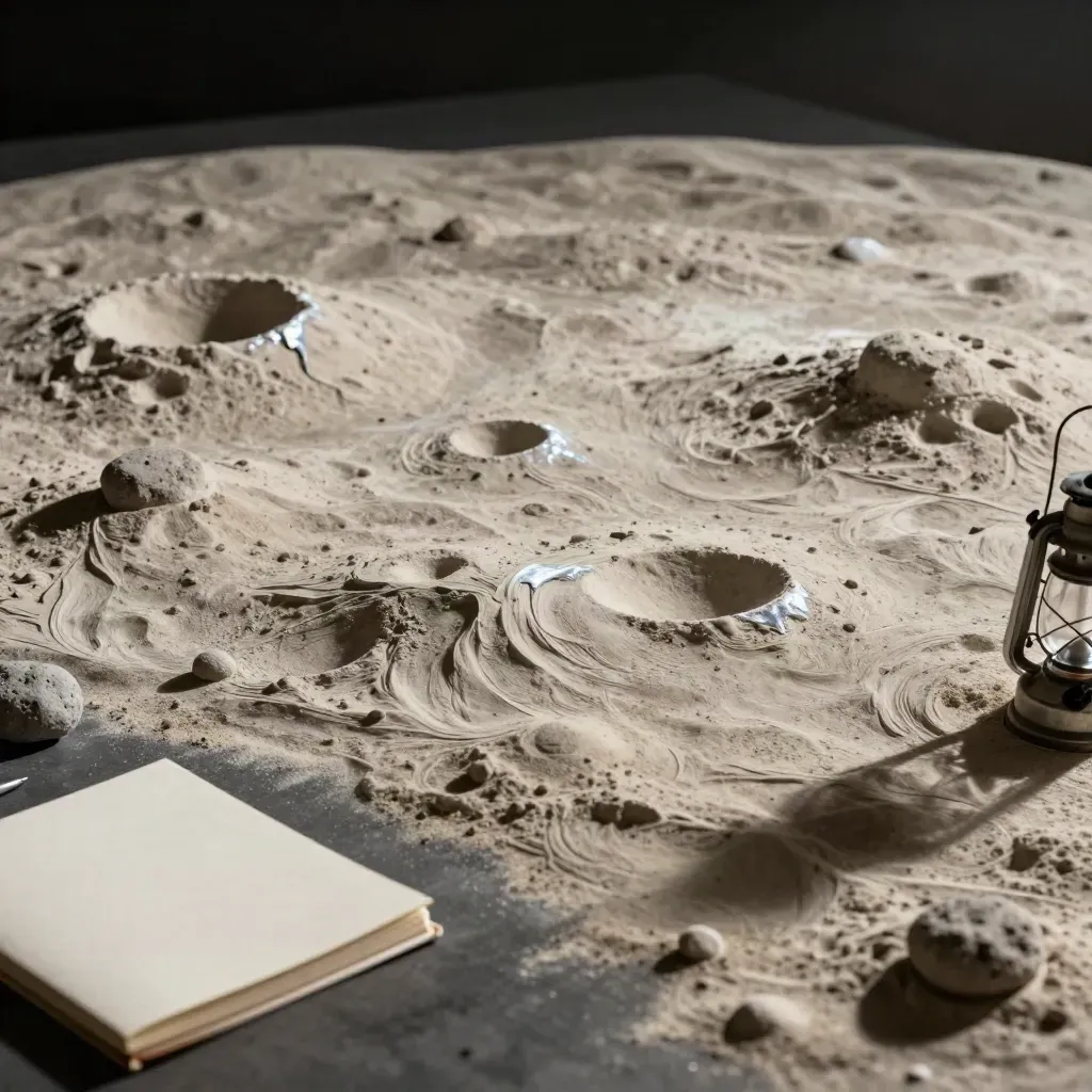 Moon model with rocks, cream notebook and lantern on a dark table in dramatic low light.