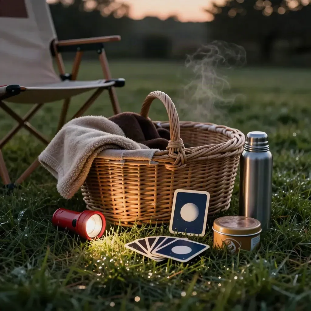 Basket with blanket, flashlight, thermos and snack tin beside a lawn chair at dusk.