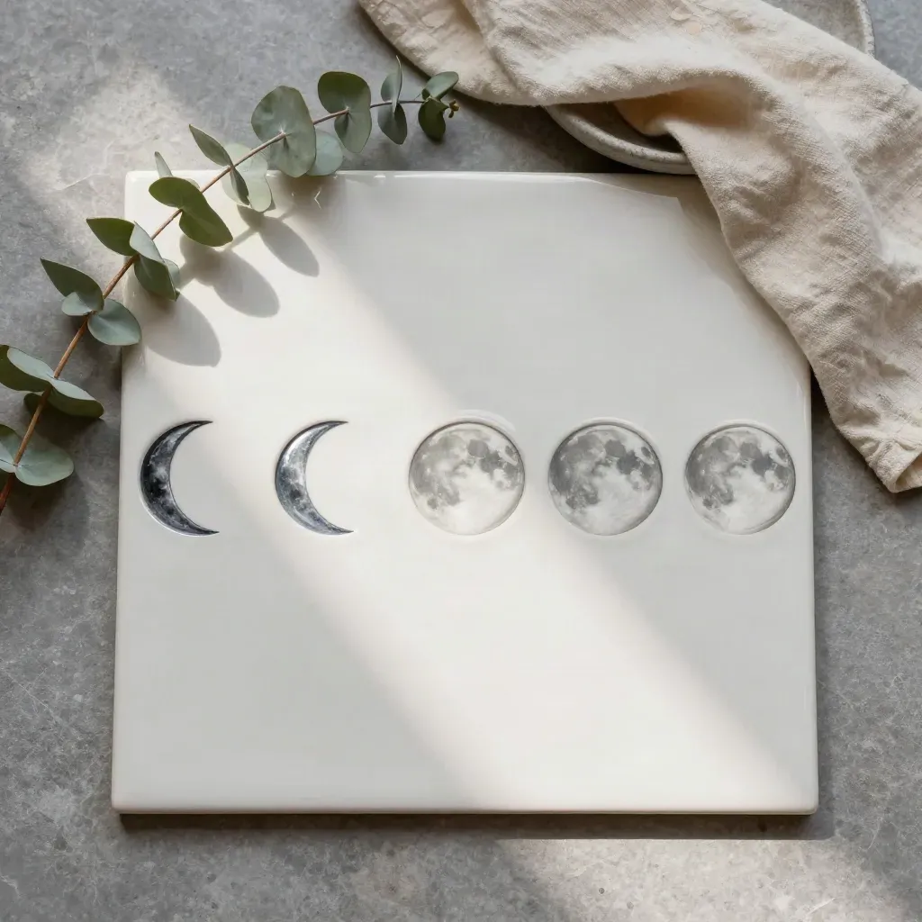 Overhead flatlay of ceramic moon phase tiles with eucalyptus, linen, and a stone dish