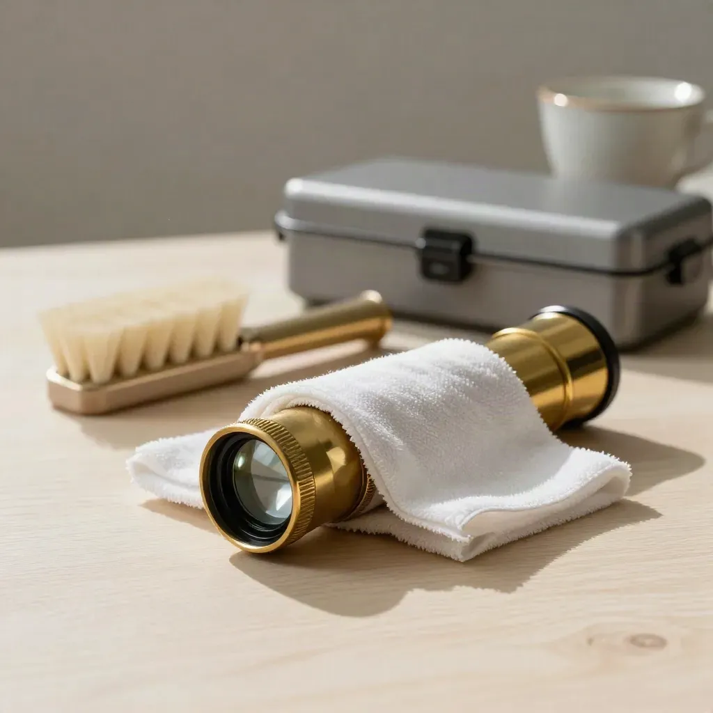 Brass eyepiece cap with cloth, brush, case and cup on pale wood in soft window light.