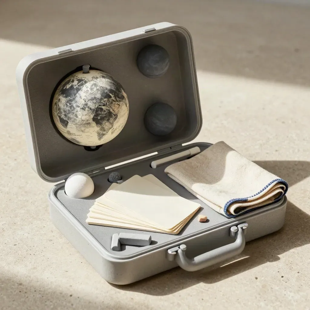 Open classroom kit with moon globe, foam planets, chalk, cards and cloth on a stone tray.