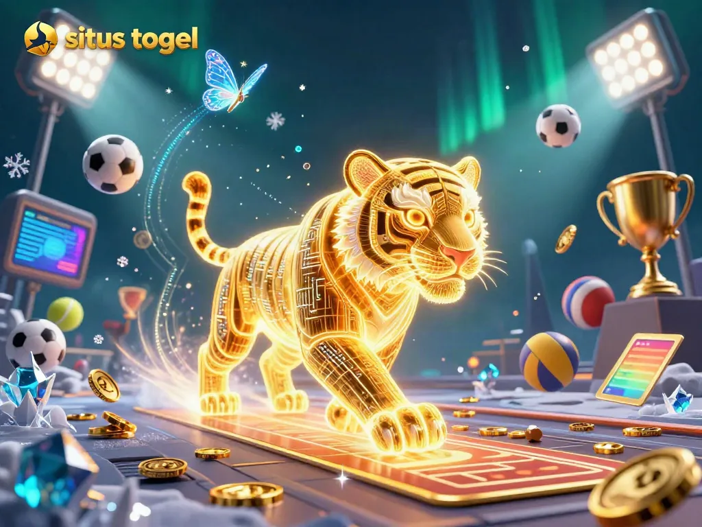 Experience situs togel excitement with a vibrant casino scene featuring a light energy tiger and dynamic sports elements.