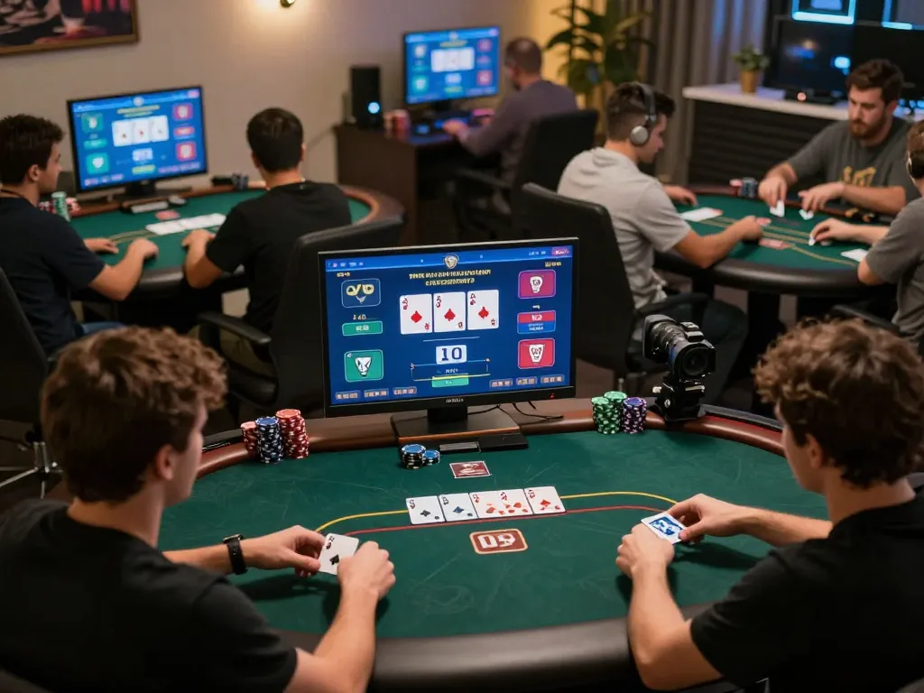 IDCASH88 Login action during an engaging online poker game, players focused on strategy.