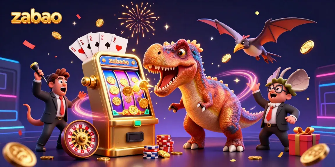 zaobao showcases a fun scene where a pachycephalosaurus interacts with a golden slot machine, amidst flying coins and casino elements.
