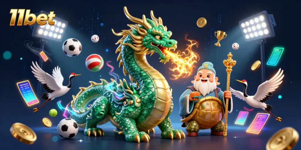 Experience the thrill of 11bet with a vibrant 3D scene featuring a jade dragon, turtle sage, and lucky cranes.