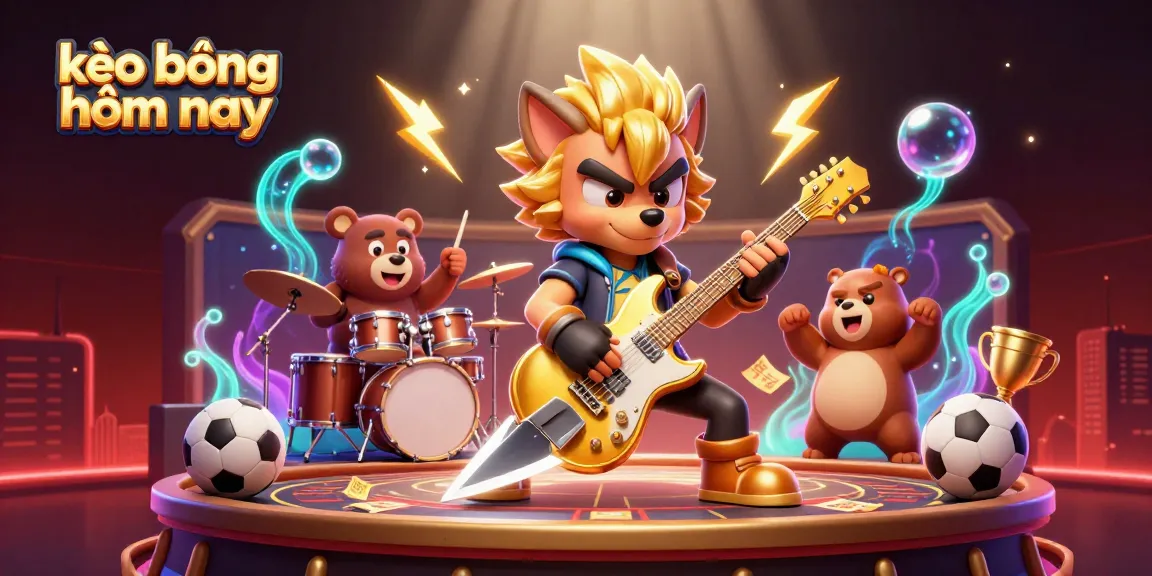 Engage with the dynamic kèo bóng hôm nay scene featuring a rock star wolf and drummer bear in vibrant casino ambiance.