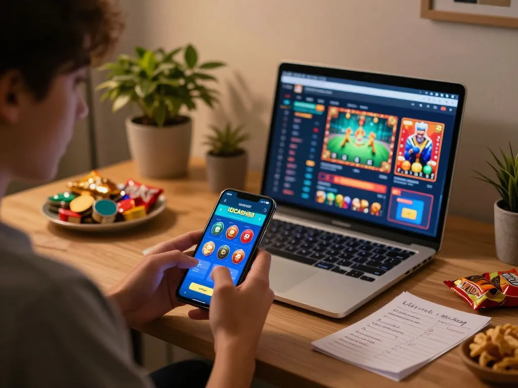 Engaging online gaming experience with IDCASH88 Slot app on smartphone, cozy home atmosphere.