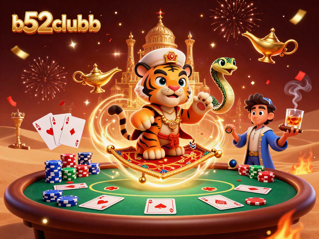 Experience the thrill of b52clubb with a vibrant 3D casino adventure illustration featuring a tiger sultan.