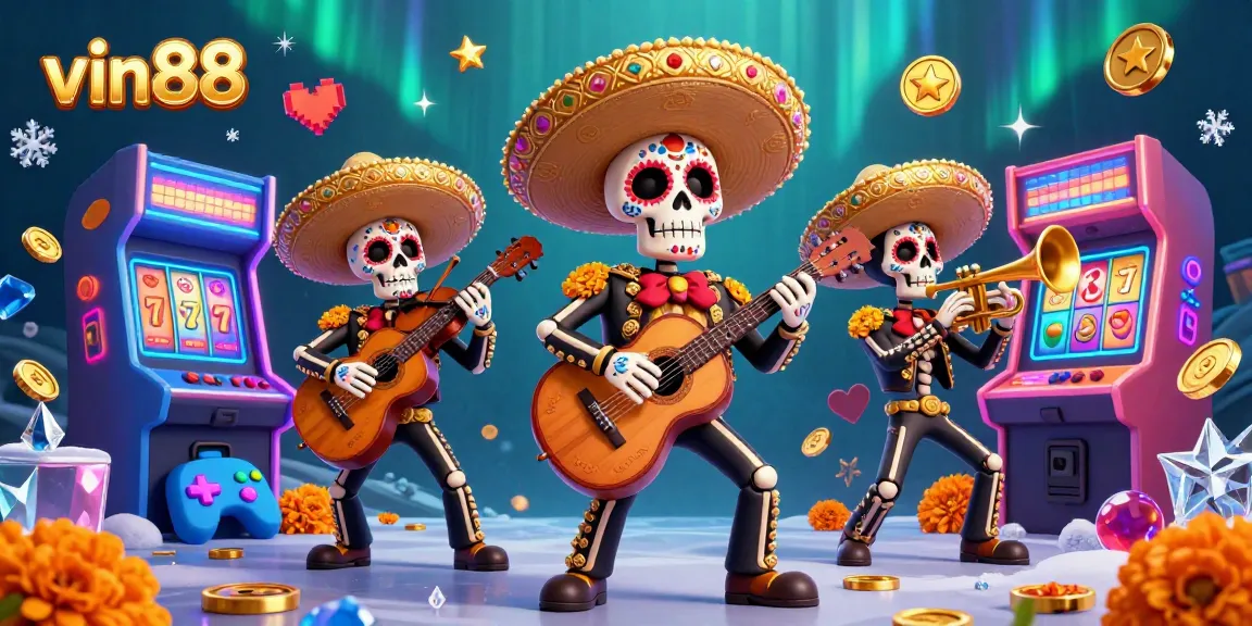 Engage with vin88 in a vibrant 3D casino scene featuring a lively mariachi band.