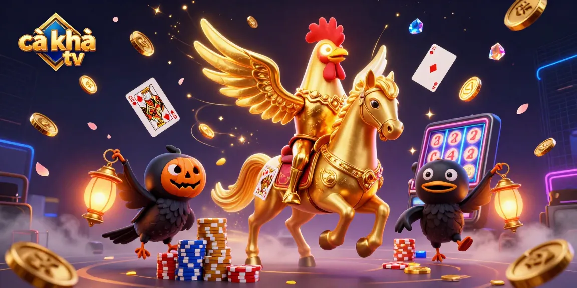 Cà khịa tv showcases a golden rooster headless horseman amidst a vibrant casino filled with golden coins.