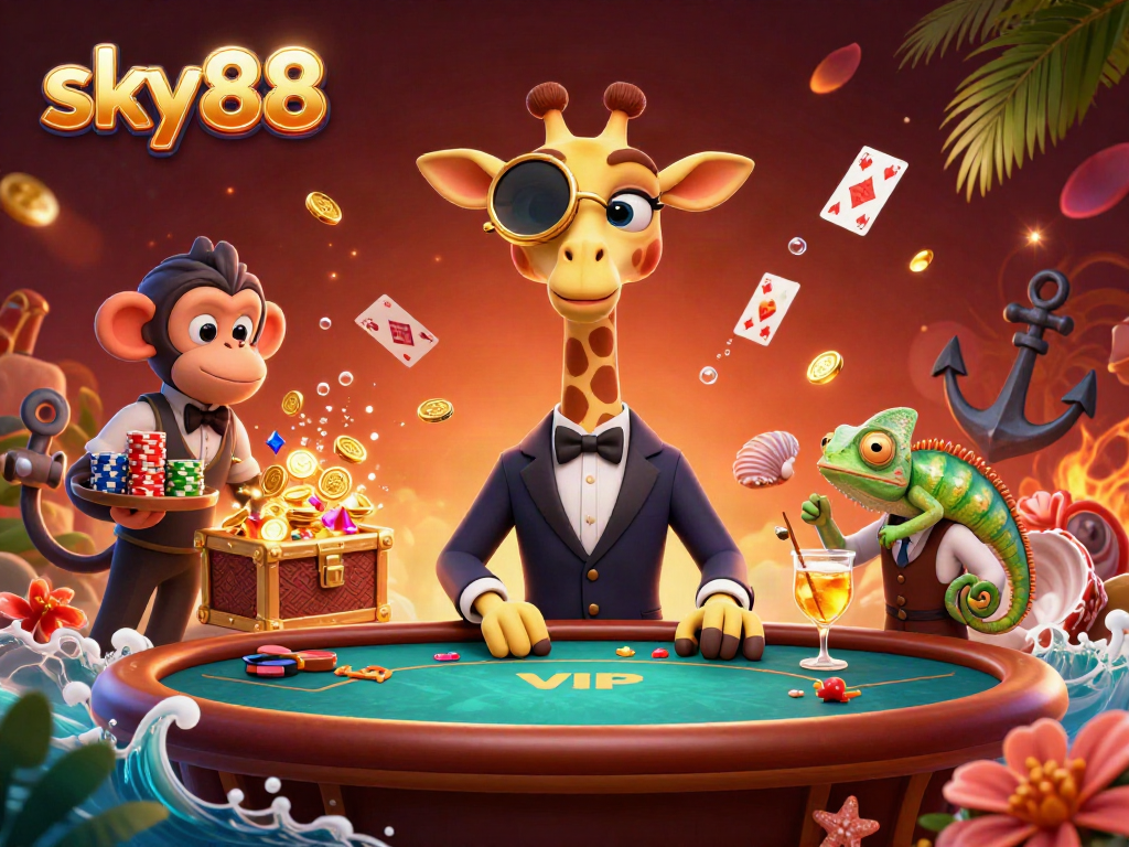 Experience thrilling casino action with sky88 featuring a giraffe, monkey, and chameleon in a vibrant illustration.