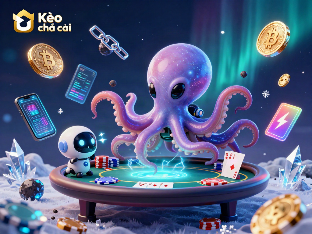Engage in thrilling Kèo nhà cái strategies with an alien octopus at a holographic poker table.