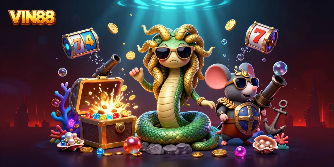 Experience thrilling games with VIN88 while watching Medusa and a warrior mouse in a vibrant casino scene.