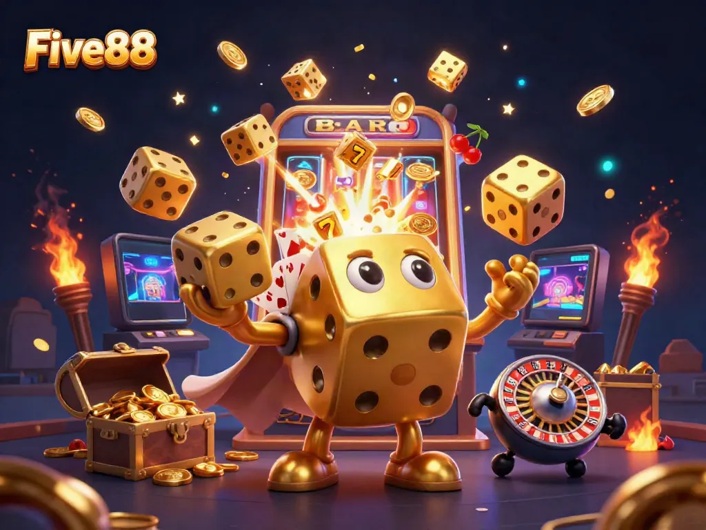 Five88's vibrant casino scene with golden dice golem and jackpot explosion.