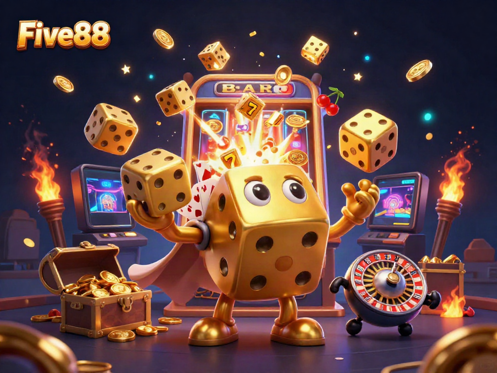 Five88's vibrant casino scene with golden dice golem and jackpot explosion.