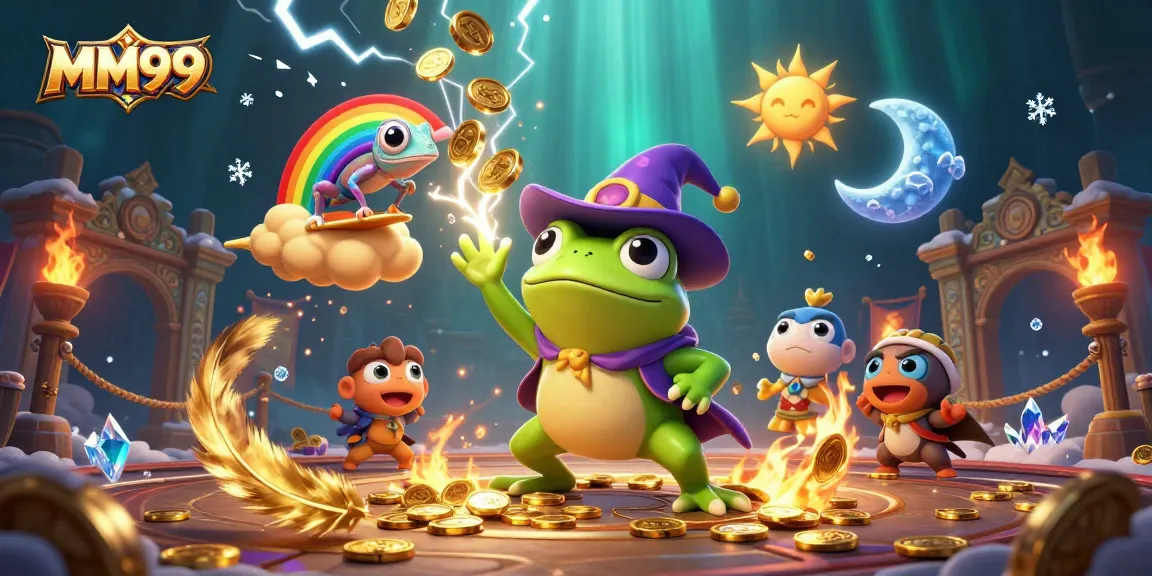 Engage with MM99's thrilling games as a wizard frog conjures golden coins amidst vibrant casino elements.