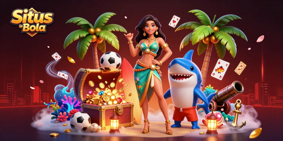 Situs Judi Bola sports betting scene with vibrant characters, trophies, and casino elements for dynamic play.