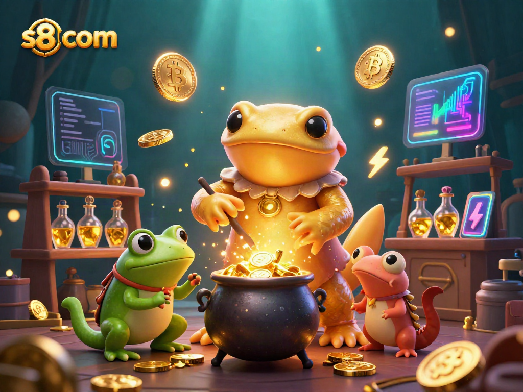 Bet on vibrant gaming action at s8 com, featuring a golden salamander alchemist and cryptocurrency coins.