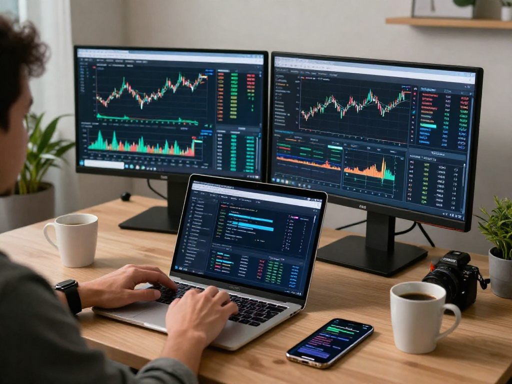 Interfaz de trading de Immediate Edge en una laptop con gráficos financieros y un ambiente de oficina moderna.