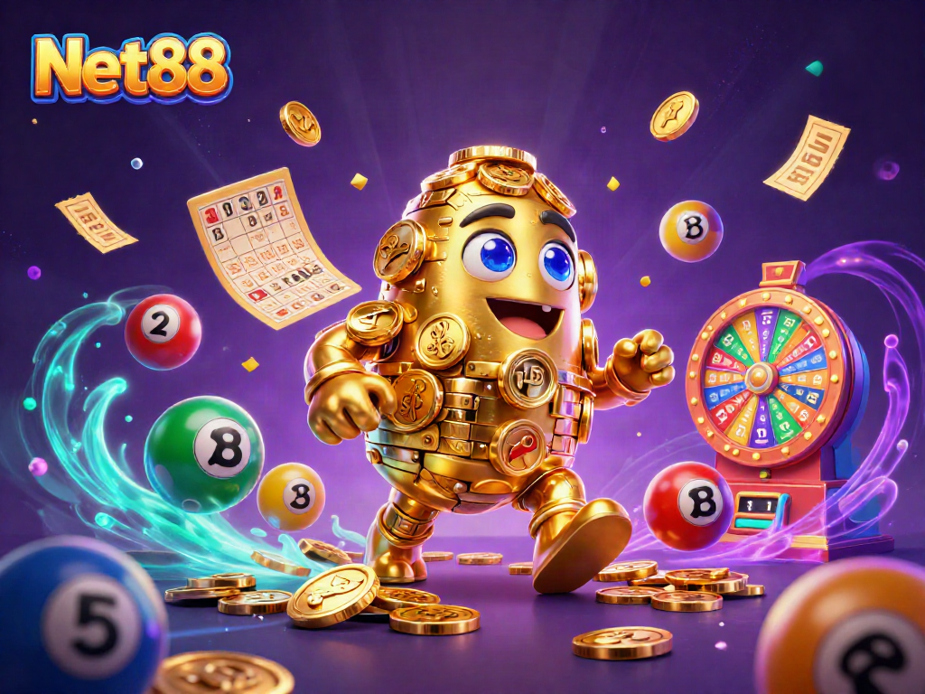 Experience vibrant gaming action at Net88 with a golden golem amid lottery elements.