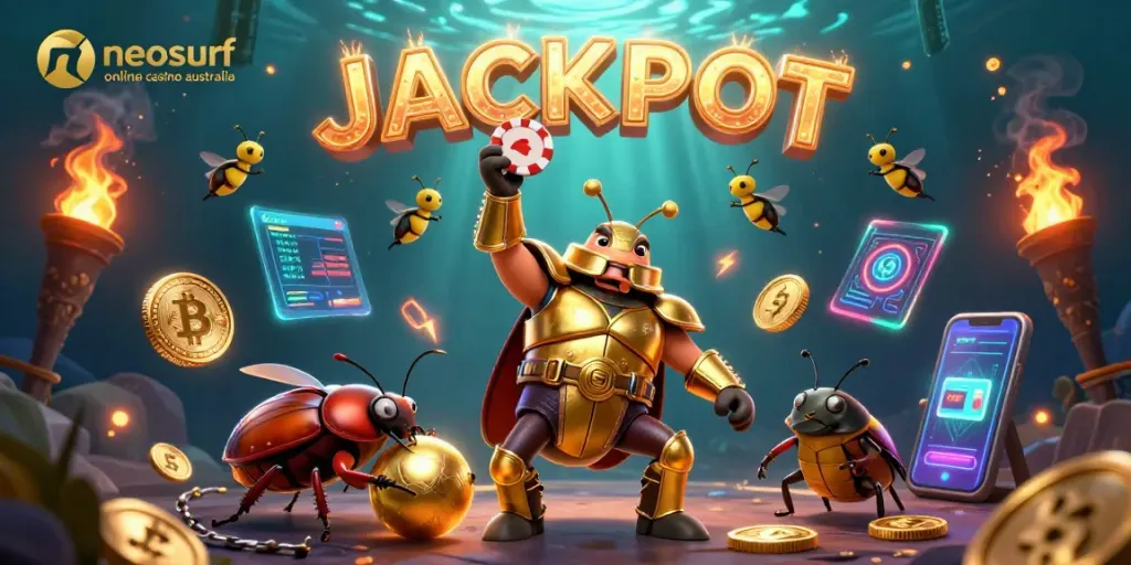Play at neosurf online casino Australia with a victorious hercules beetle and exciting gaming elements.