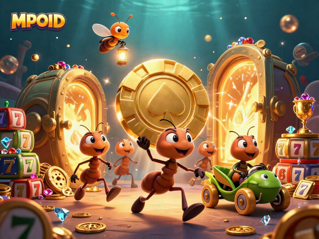 Experience MPOID's thrilling heist with colorful cartoon characters amidst golden treasures and slot machines.