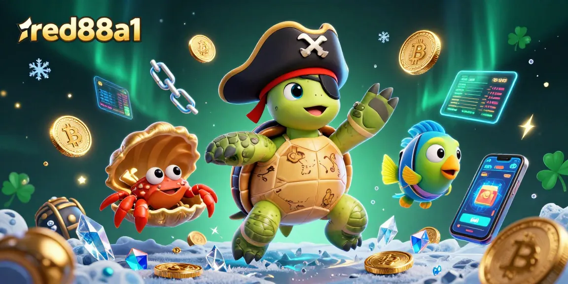 Engage in thrilling gameplay with red88a1's pirate-themed 3D casino illustration, showcasing adventurous characters and crypto elements.