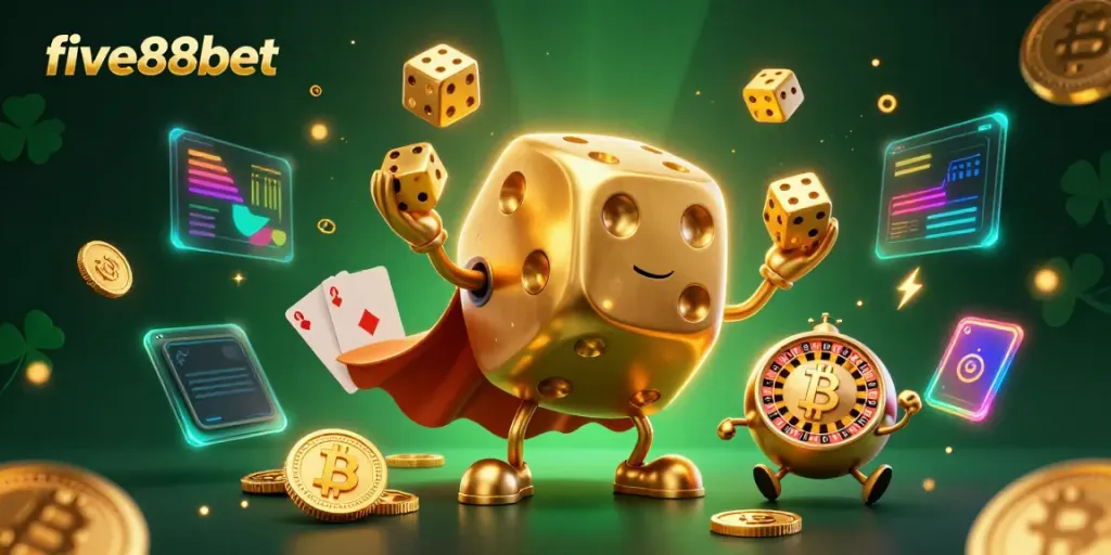 Experience the thrill of five88bet with an enchanting casino scene featuring dice and crypto coins.