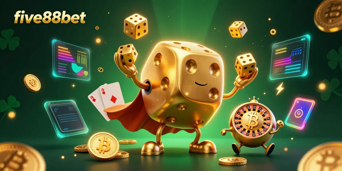 Experience the thrill of five88bet with an enchanting casino scene featuring dice and crypto coins.