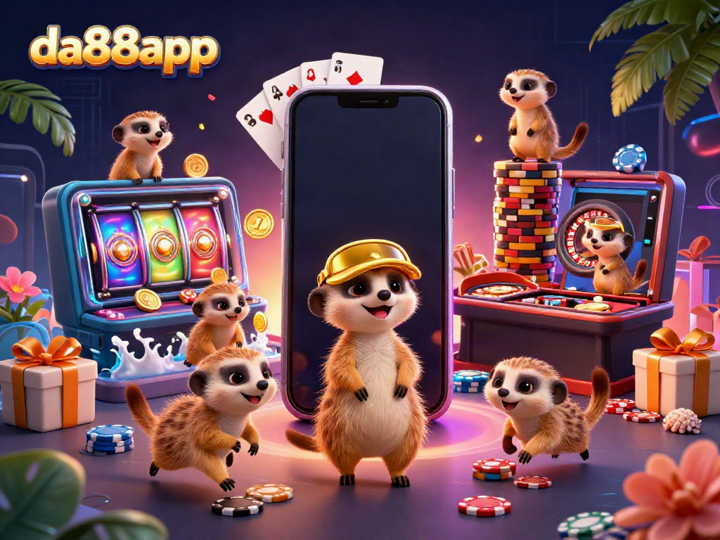 Experience the excitement at da88app with meerkats running a vibrant casino operation amidst slot games and poker chips.