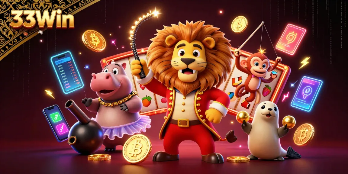 33Win showcases a vibrant casino scene with cartoon characters and crypto elements engaging in slot gameplay.