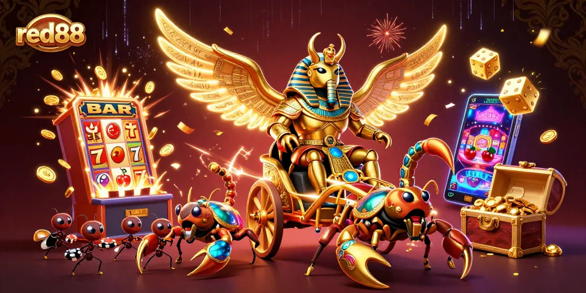 Experience the excitement of red88 with a dynamic scene of casino elements and vibrant characters.