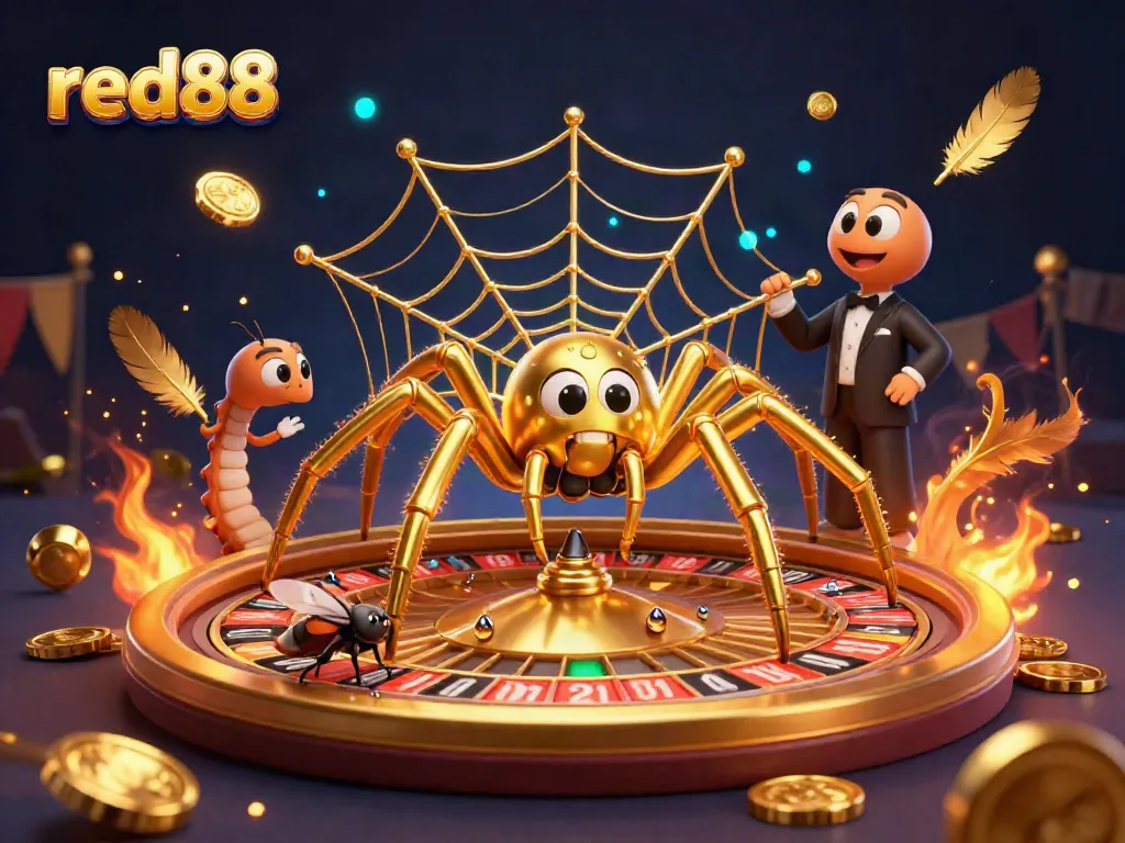 Experience the thrill of betting with red88 in this dynamic 3D scene featuring a spider croupier and energy-filled elements.