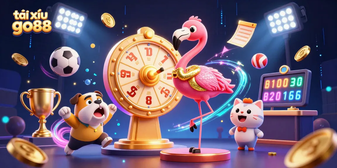 Engage in exciting tài xỉu go88 gameplay with a lively game show host and animated prize wheel.