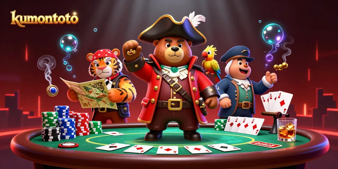 Kumontoto pirate bear leading a gambling scene filled with poker elements and vibrant colors.