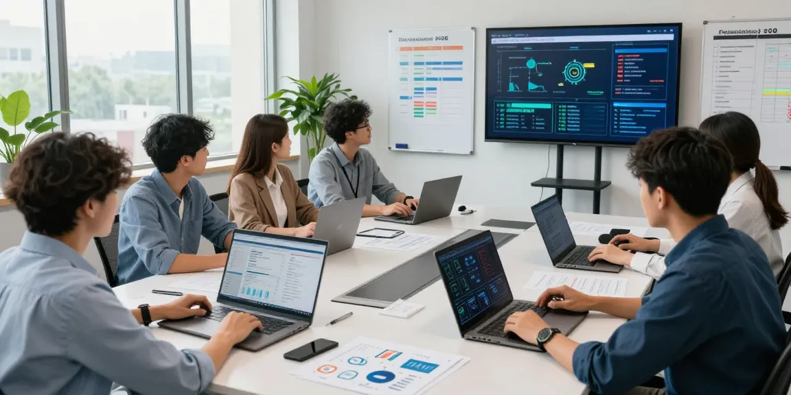 Team collaborating on IT solutions, showcasing proactive it support in business.